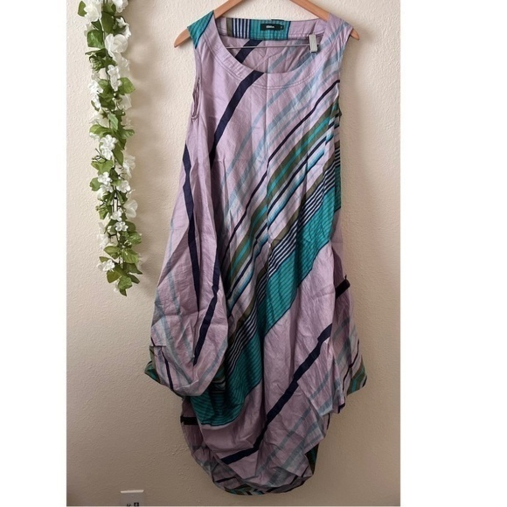 RARE Ralston Lilac Purple Stripe Linen Sleeveless Lagenlook Balloon Dress